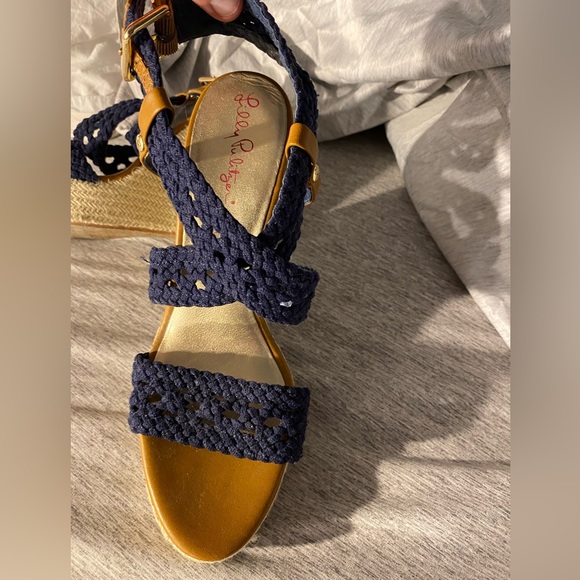 Lilly Pulitzer crocheted wrap heels wedges sandals navy 8.5 - Picture 3 of 6